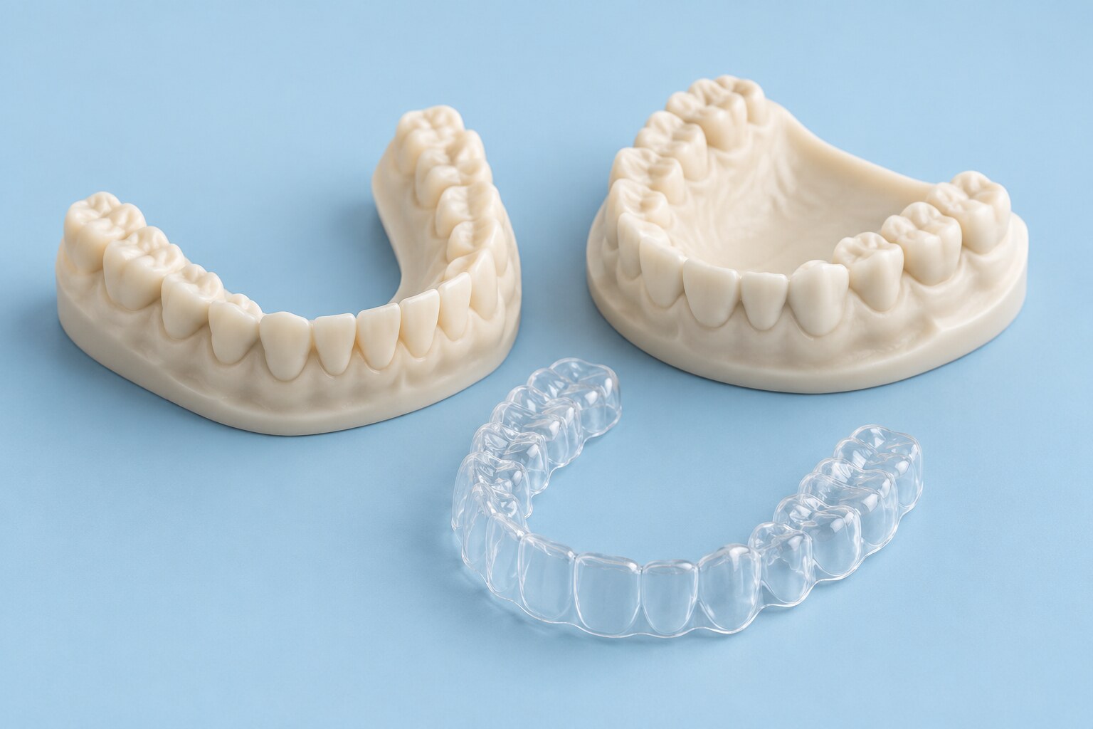 Illustration of two ivory dental arch models and a clear-aligner tray on a pale blue surface
