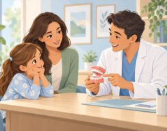 Illustration of a child and parent learning about a dental model during an orthodontic consultation
